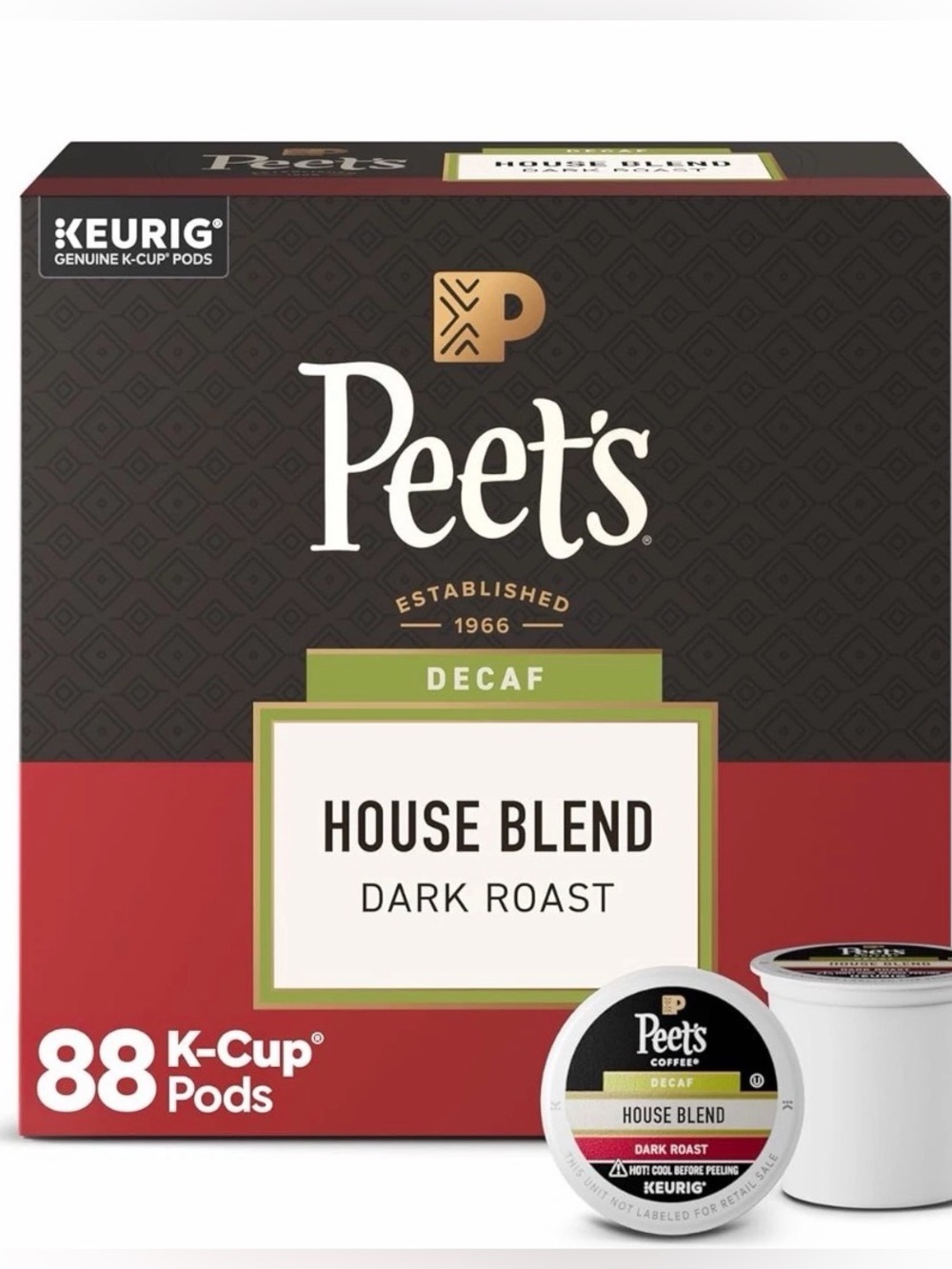 Peet’s Coffee Decaf House Blend K Cups Dark Roast Flavor Pods 88 Count Box